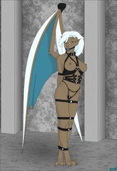 ball_gag bat_wings bondage bondage bound breasts delilah_(gargoyles) digitigrade disney fab3716 female gag gargoyle gargoyles hair humanoid leather membrane_(anatomy) membranous_wings navel nipples solo teal_wings white_hair white_wings wings