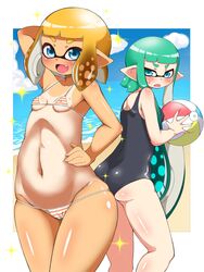 agent_3_(splatoon) agent_4_(splatoon) ass belly big_ass bikini blush pengin_maru small_breasts splatoon volleyball volleyball_(ball)