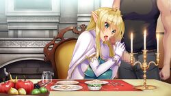 1boy 1girls almia_agraliel big_breasts big_penis breasts busty candle cape censored chair cum cum_on_chin cum_on_face cum_on_food desperate desperation dress elf elf_ears female food fork game_cg gloves handjob human interspecies knife kyonyuu_elf_oyako_saimin large_breasts lune male male_human/female_elf mosaic_censoring penis pointy_ears princess royalty sitting straight stroking stroking_cock stroking_penis table tongue tongue_out utensil white_cape white_gloves