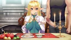 1boy 1girls almia_agraliel apple big_breasts blonde_hair blush breasts busty candle censored crown cum cum_in_container cum_in_cup cum_in_glass cum_on_food cumming dress eating eating_cum elf elf_ears faceless_male female food food_play fork fruit fruit_bowl game_cg gloves jewelry knife kyonyuu_elf_oyako_saimin large_breasts lune male male_human/female_elf mosaic_censoring muscular_male penis penis_out pointy_ears princess royalty sitting white_gloves