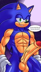 abs anthro anthrofied balls big_penis blue_fur detailed_background edit english_text foreskin furry glans gloves green_eyes hedgehog hithog huge_cock long_penis looking_at_viewer male male_only mammal muscles muscular muscular_male night partially_retracted_foreskin penis pubic_hair smile solo solo_male sonic_(series) sonic_the_hedgehog speech_bubble superbunnygt text uncut veiny_penis