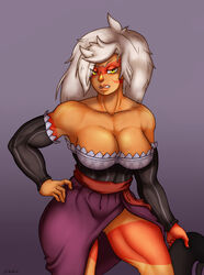 1girls abs alternate_costume annoyed armpits bare_shoulders cleavage cowboy_shot dress eye_contact female gem_(species) gloves half-closed_eyes hand_on_hip hat holding_hat i_am_nude jasper_(steven_universe) large_breasts looking_at_viewer muscular muscular_female orange_skin pose simple_background skirt solo steven_universe text thick_thighs thigh_gap watermark white_hair wide_hips wild_west yellow_eyes