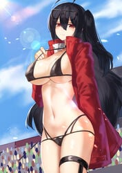 1girls 2020 ahoge azur_lane bikini black_bikini black_hair breasts choker cleavage clothing cloud crowd female female_only glasses glasses_on_head hair_between_eyes highres jacket large_breasts light-skinned_female light_skin long_hair moroes navel nipple_bulge open_clothes open_jacket outdoors pointy_chin red_eyes sakura_empire_(azur_lane) side_ponytail sideboob sky smile solo standing sun sunlight swimsuit taihou_(azur_lane) taihou_(forbidden_feast)_(azur_lane) thick_thighs thigh_strap thighs tied_hair underboob very_long_hair