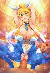 1boy :o animal_ears armpits arms_behind_back arms_behind_head arms_up artoria_pendragon artoria_pendragon_(lancer) artoria_pendragon_(swimsuit_ruler) blonde_hair blue_legwear blue_neckwear breasts bunny_ears bunnysuit censored clothed_sex collar cowgirl_position detached_collar fate/grand_order fate_(series) female full_body green_eyes heart huge_breasts leash leotard leotard_aside long_hair looking_at_viewer navel necktie nipples open_mouth pantyhose penis ponytail sex shiny shiny_skin spread_legs squatting straddling straight sugihara_(sugihara2000) sweat thighs torn_clothes torn_legwear vaginal_penetration white_leotard yellow_background