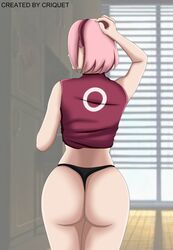 1girls ass back back_view big_ass black_panties boruto:_naruto_next_generations criquet dat_ass female female_only head_grab naruto naruto_(series) pink_hair sakura_haruno short_hair solo thick_ass thick_legs thong white_skin wide_hips