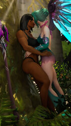 3d alternate_costume dark-skinned_female eichenwalde_(map) fairy forest kissing mercy overwatch panties pharah piercing romantic softcore sports_bra staff stockings sugar_plum_fairy_mercy sunrays thesmutcollector tree wings yuri