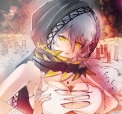 1boy 1girls bandage big_breasts breasts candle cape cleavage code_vein eyes female hair hood io_(code_vein) jewelry large_breasts mrbudguy necklace paizuri silver_hair straight torn_clothes unseen_male_face yellow_eyes