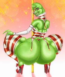 anthro bell big_ass big_pecs cheek_tuft christmas dr_seuss fur_trim girly green_fur head_tuft heels high_heels highres how_the_grinch_stole_christmas huge_ass hyper hyper_ass looking_at_viewer looking_back muscular muscular_anthro muscular_female pole pole_dancing rule_63 skimpy smile squatting the_grinch the_grinchess thick_thighs thong tights xtrent968 yellow_eyes