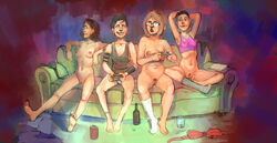 4girls bottomless controller couch female gamer_girl gaming grin lips nude pussy sitting sketch strip_game underrock