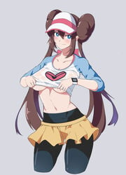 1girls abs belly blush breasts brown_hair closed_mouth curvy double_bun embarrassed eye_contact female female_only grey_background hat highres human large_breasts legwear long_hair looking_at_viewer midriff mrnn navel nintendo pantyhose pokemon pokemon_bw2 rosa_(pokemon) see-through see-through_clothing see-through_top shirt shirt_lift shorts simple_background solo thigh_gap tied_hair twintail twintails underboob visor_cap watch wavy_mouth wet wet_clothes wide_hips