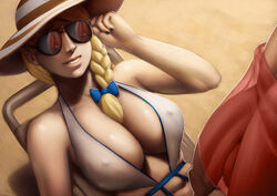 adjusting_eyewear adjusting_glasses aviator_sunglasses beach blonde_hair braid breasts cleavage crossbowpussycat female hat large_breasts lips looking_at_penis lying_on_back male penis reflection smile sunglasses tinted_eyewear