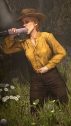 1animal 1girls 3d animal_genitalia blonde_hair closed_eyes equine eyeless_male fellatio masturbation on_knees outside penis red_dead_redemption_(series) red_dead_redemption_2 rockstar_games sadie_adler weebstank zoophilia