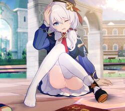 1girls blue_eyes dress edit game_cg hat honkai_impact honkai_impact_3rd mihoyo no_panties nude_filter ponytail pussy shoes skirt spread_legs stockings tagme theresa_apocalypse tied_hair upskirt white_hair