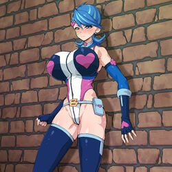 1girls against_wall alternate_breast_size ass big_breasts blue_eyes blue_girl blue_hair blush breasts clothed eye_contact female fingerless_gloves half-closed_eyes heart huge_breasts large_breasts legwear looking_at_viewer short_hair thick_thighs thigh_gap voluptuous wet wide_hips yu-gi-oh! yuu-gi-ou_vrains zaizen_aoi