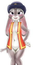 2018 alternate_version_at_source anthro blush breasts clothing disney ears_down female fur genitals grey_body grey_fur hat headgear headwear hi_res judy_hopps lagomorph leporid mammal navel open_mouth open_smile orca_(artist) pivoted_ears pussy rabbit simple_background smile solo white_background zootopia