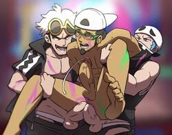 2boys 3boys abs ahe_gao alolan_boy beard black_briefs black_jockstrap briefs clothed_sex clothes cum dark-skinned_male dark_skin double_anal double_penetration frottage gay glasses goatee group guzma_(pokemon) hat interracial jockstrap kukui_(pokemon) labcoat male male/male male_only paint penetration penis pokemon pokemon_sm sex veins yaoi