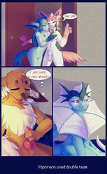 1boy 1futa 2019 2girls absurd_res ambiguous_gender animal_genitalia animal_penis anthro anthrofied balls blue_border breasts canine_penis comic digital_media_(artwork) eevee eeveelution elvche eye_contact female fins fully_sheathed furry futanari glaceon glowing_eyes half-closed_eyes hi_res intersex knot larger_female looking_at_viewer male nintendo original_character penis pokémon_(species) pokemon pokemon_(species) pokemon_dppt pokemon_rgby pokemon_xy purple_eyes pussy sheath size_difference smaller_male sylveon testicles thick_thighs thigh_gap thinking vaporeon video_games wet wide_hips