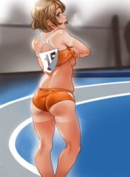 ass exhausted female from_behind green_eyes gym lifting looking_at_viewer running_track short_hair skindentation solo sportswear standing sweat tanlines tanned underboob undressing