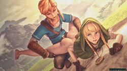 1boy ass blonde_hair blue_eyes breath_of_the_wild doggy_style female footwear handwear humanoid hylian hyrule_warriors link link_(breath_of_the_wild) linkle male neckwear outdoor outerwear pale_skin the_legend_of_zelda