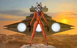 1girls 3d ahsoka_tano ass behind_view big_breasts blaster breasts clone_wars detailed_background female_focus female_only gun high_heels jedi jedi_padawan kondaspeter naked_footwear naked_heels nude pose sideboob solo spread_legs standing star_destroyer star_wars togruta weapon