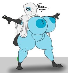 anthro ass belly big_breasts big_butt black_feet black_hands black_tail blue_body breasts dewott english_text esmeralda_(riku9797) female genitals ghost_costume halloween halloween_costume hi_res holidays huge_breasts huge_butt humanoid hyper hyper_breasts lutrine mammal mustelid nintendo otter_tail pokémon_(species) pokemon pokemon_(species) pussy riku9797 ring solo text video_games