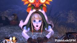 1girls 2boys 3d animated ass blonde_hair blue_eyes doggy_style female hyrule_warriors link linkle looking_at_viewer majora's_mask male male_on_female masked outdoor sex skull_kid solo_female the_legend_of_zelda young_link