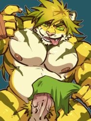 2019 41raco anthro big_pecs erection felid fur hair handwraps hi_res kirupi long_hair macan_(tokyo_afterschool_summoners) magan male male_only mammal musclegut muscular muscular_male nipples open_mouth pantherine pecs penis pubes solo striped_fur stripes tan_fur tiger tokyo_afterschool_summoners tongue_out video_games yellow_fur