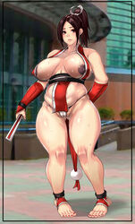 areola_slip areolae bare_arms bare_legs bare_shoulders big_breasts breasts brown_eyes brown_hair busty cameltoe chubby cleavage curvaceous curvy deep_cleavage fat fatal_fury female female_focus female_only g-string king_of_fighters kunoichi large_breasts mai_shiranui nail_polish nipple_slip nipples overweight pinup ponytail red_toenails skimpy skimpy_clothes slightly_chubby solo sweat tagme thick_thighs thong tied_hair w-link wide_hips