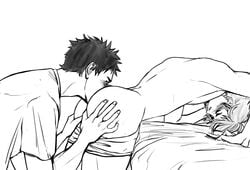 2015 2boys anilingus blush haikyuu!! hand_on_ass idrawbutts iwaizumi_hajime licking male male_only monochrome multiple_boys oikawa_tooru_(haikyuu!!) open_mouth oral pulled_down sweat white_background yaoi