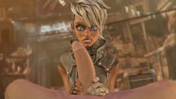 1boy 1girls 3d 3d_(artwork) blue_eyes borderlands borderlands_3 breasts clothed_female_nude_male gearbox_software gloves hand_on_penis looking_at_penis male_pov penis penis_awe pov scar sfmlover22 siren_(borderlands) tyreen_calypso white_hair