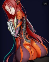 1girls ads ass bodysuit clothed face long_hair looking_at_viewer looking_back red_hair solo valkyr_(warframe) warframe wires