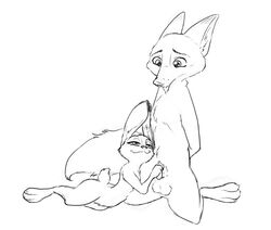 animal_genitalia anthro anthro_on_anthro balls black_and_white canid canine disney duo female flat_chest fox judy_hopps kneeling lagomorph leporid male mammal monochrome nick_wilde penis rabbit robcivecat scut_tail sheath straight tongue tongue_out zootopia