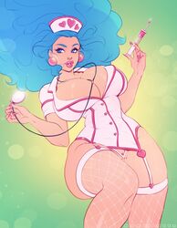 1girls afro artist_name big_breasts bimbo blue_eyes blue_hair breasts bulma_(afro) bulma_briefs cleavage clothing dragon_ball dragon_ball_z female female_only hair kokobuttz large_breasts long_hair nurse nurse_uniform shounen_jump solo syringe thighhighs uniform watermark