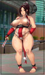 areola_slip areolae armpit_hair bare_arms bare_legs bare_shoulders big_breasts breasts brown_eyes brown_hair busty cameltoe chubby cleavage curvaceous curvy deep_cleavage fatal_fury female female_focus female_only g-string king_of_fighters kunoichi large_breasts mai_shiranui nail_polish nipple_slip nipples pinup ponytail pubic_hair pubic_hair_peek pubic_stubble red_toenails skimpy skimpy_clothes solo sweat tagme thick_thighs thong tied_hair w-link wide_hips