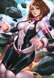 1girls 5_fingers abs annoying_watermark belt blush bodysuit breasts brown_eyes brown_hair deviantart female female_only floating hi_res human human_only light-skinned_female light_skin looking_at_viewer my_hero_academia neoartcore ochako_uraraka outfit patreon png skin_tight smile solo superheroine tagme thick_thighs thighs tight_clothing url watermark wide_hips