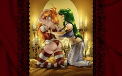 2girls agatha_heterodyne artist_signature ass bare_midriff breasts candle candlestick corset female female_only girl_genius glasses green_eyes green_hair harem_outfit harem_pants kneeling multiple_girls nipple_bulge panties phil_foglio striped_legwear tagme thighhighs underbust_corset webcomic zeetha