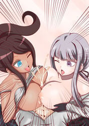 1boy 2girls alternate_version_available asahina_aoi bareisyotaro big_breasts blue_eyes breasts chocolate_and_vanilla clothed cum cumshot danganronpa danganronpa:_trigger_happy_havoc dark-skinned_female dark_skin double_paizuri erect_nipples female gloves grey_hair kirigiri_kyouko looking_at_penis male multiple_girls nipples one_eye_closed open_mouth paizuri partially_clothed purple_eyes straight_hair teeth threesome tongue tongue_out