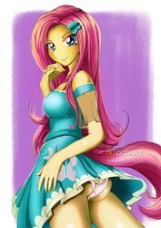 1girls anthro ass blue_eyes clothed clothes clothing dress female female_only fluttershy_(mlp) friendship_is_magic from_behind from_below furry long_hair looking_at_viewer my_little_pony panties pantyshot pink_hair pony sakamotokuuuun simple_background smile solo straight_hair tail