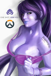 1girls artist_name big_breasts bra bra_pull bra_tug bracelet bracelets breasts cleavage clothes deviantart eye_contact female female_only half-closed_eyes human killbiro large_breasts looking_at_viewer overwatch pinup ponytail purple_bra purple_hair purple_lips purple_skin signature smile smiling solo text upper_body url watermark widowmaker yellow_eyes