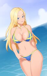 1girls bikini blonde_hair blue_eyes blush booty_calls breasts female flag_bikini freya_(booty_calls) national_personification nordic northern_european sweden swedish swedish_flag