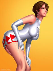 1girls ass bent_forward bent_over big_breasts big_breasts breasts brown_eyes brown_hair busty curvaceous curvy dress earrings eyeshadow female female_only gloves hoop_earrings huge_breasts large_breasts leaning_forward lipstick makeup mascara pinup reiko_nagase ridge_racer short_hair skintight smile smiling solo svoidist thighs tight_dress voluptuous white_gloves