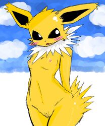 1girls anthro black_eyes blush_stickers clouds denbukuro female jolteon open_mouth pokemon pokemon_rgby pubic_hair small_breasts solo spiky_fur standing uncensored wide_hips yellow_fur