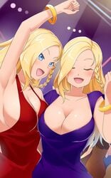 2girls blonde_hair blue_eyes booty_calls bracelet breasts clothed dress finja_(booty_calls) freckles freya_(booty_calls) party ring sideboob twins