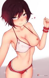 1girls armband armpits big_breasts bikini_top bluefield blush blushing breasts cameltoe female female_only fit fit_female one_breast_out pussy ruby_rose rwby selfie silver_eyes slim solo sweat