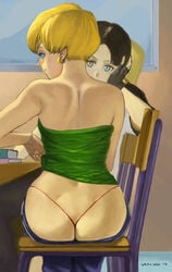 2019 2girls ass ass_cleavage bare_shoulders black_hair blonde_hair blue_eyes butt butt_crack classroom dark_hair dat_ass desk dragon_ball dragon_ball_z erasa female female_focus female_only from_behind g-string hoop_earrings multiple_girls pants pants_down school_chair seductive_eyes seductive_look short_hair sitting sitting_on_chair sneaky teenager thong videl wazu-san whale_tail