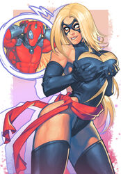 1boy 1girls ant-man ant-man_(series) avengers big_breasts biting_lip black_gloves black_leotard black_thighhighs blonde_hair breasts busty carol_danvers chuck_pires clothed domino_mask eric_o'grady eyeshadow female gloves grabbing_own_breast groping_breasts groping_through_clothes human large_breasts leotard light-skinned_female light-skinned_male light_skin long_hair makeup male marvel marvel_comics mascara mask ms._marvel ms._marvel_(carol_danvers) pink_lips pinup red_sash sash smile smiling squeezing_breast standing superhero superheroine thighhighs thighs thought_bubble voluptuous white_eyes