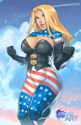 1girls american_flag american_flag_bodysuit artist_name big_breasts black_corset black_gloves blonde_hair blue_eyes breasts bustier busty chuck_pires cleavage corset curvaceous curvy female female_only flying gloves huge_breasts human large_breasts long_hair patriotika pink_lips pinup solo superheroine text thighs voluptuous