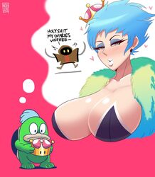 <3 2018 amphibian androjuniarto anthro aroused big_breasts blue_eyes blue_hair blush blushing bob_(smg4) breasts busty cleavage clothing collarbone crown dated daydream dialogue english_text eyelashes eyeshadow female female_focus fishy_boopkins_(smg4) fully_clothed fur_trim gender_transformation genderswap genderswap_(mtf) green_skin half-closed_eyes holding_object huge_breasts humanized large_breasts lips lipstick looking_at_viewer looking_down majora's_mask mario_(series) mascara matching_hair/eyes new_super_mario_bros._u_deluxe nintendo personification pink_background robe rule_63 sexually_suggestive shell shiny_hair shiny_skin short_hair signature smg4 spike_(mario) spikes standing super_crown super_mario_bros. surprised text the_legend_of_zelda thick_lips transformation twitch_lines upper_body video_game video_games voluptuous yellow_eyes