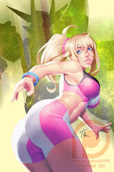 1girls artist_name ass back_view bent_forward bent_over big_breasts big_eyes blonde_hair blue_eyes bracelet bracelets breasts bubble_butt busty clothed curvaceous curvy dat_ass female female_only from_behind gundam gundam_build_fighters gundam_build_fighters_try gym_clothes gym_shirt gym_shorts gym_uniform hoshino_fumina human large_breasts leaning_forward long_hair looking_back pink_lips pink_shirt pink_shorts pinup ponytail r62 shirt short_shirt short_shorts shorts signature solo thick_ass thighs voluptuous