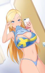 bikini blonde_hair blue_eyes booty_calls breasts clothing finja_(booty_calls) flag_bikini mouth_hold national_personification nordic northern_european phone scandinavian selfie sweden swedish swedish_flag t-shirt